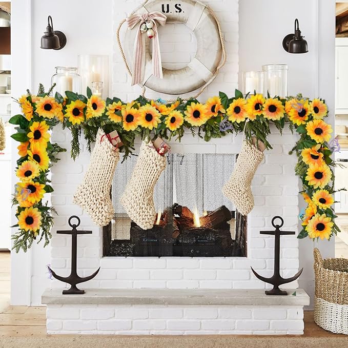 2 Pack Sunflower Garland Decorations,7.5ft Artificial Silk Sunflowers,Fake Vines with Green Leaves Hanging Flower Garlands for Birthday Party Backdrop Wedding Table Decor