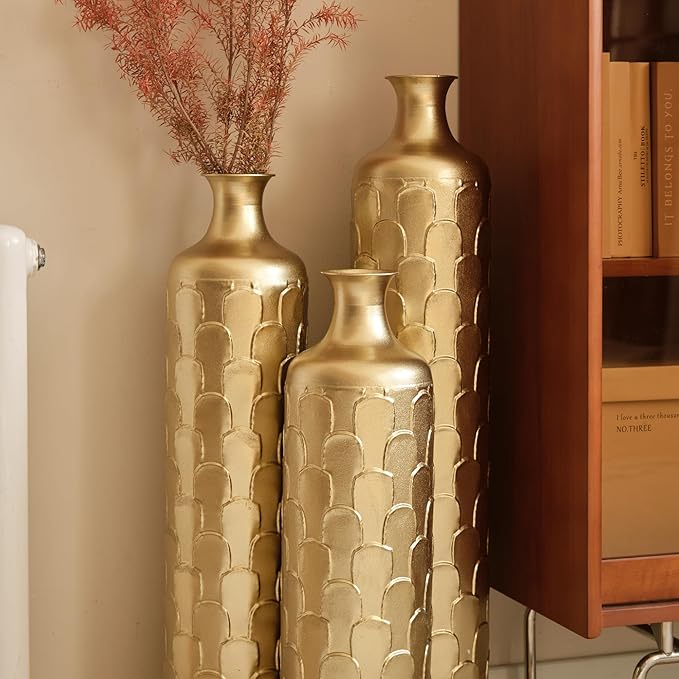 Floor Oversized Gold Metal Decorative Vase with 3D Triangle Pattern Set of 3 Large Vases for Home Living Room 33.5 ", 29.5 ", 25.2" High (Gold)