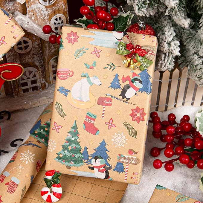 MAYPLUSS Christmas Wrapping Paper Roll - 17IN X 33FT - Kraft Gift Wrapping Paper Featuring Cute Polar Bear Penguin Christmas Tree Holly Reversible Cut Lines for Kids, Holiday, New Year
