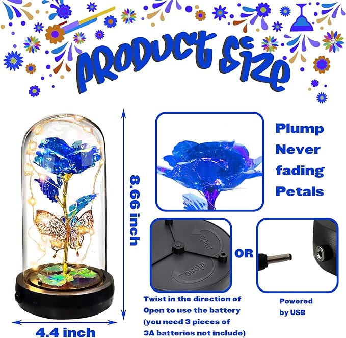 Birthday Rose Flower Gifts for Women, Mothers Day Glass Rose Gift for Mom from Daughter Son, Colorful Blue Rainbow Rose in Glass Dome with Music Box, Light Up Rose in Glass Dome for Her Wife Grandma
