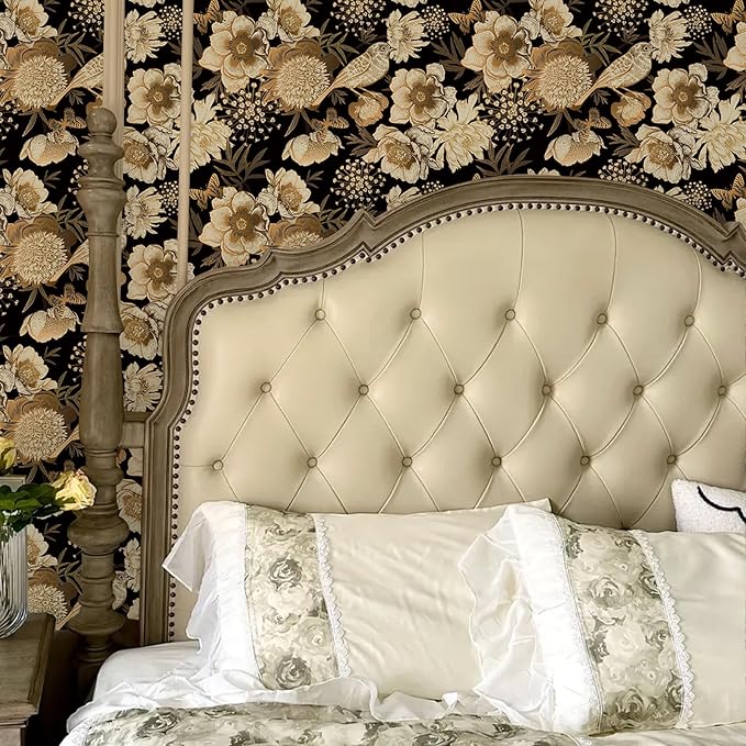 Floral & Birds Peel and Stick Wallpaper Antique Gold Black Self Adhesive Removable Floral Wallpaper for Bedroom Renter Friendly Floral Contact Paper for Bedroom Bathroom Walls Shelf Liner 17.7"x118.1"