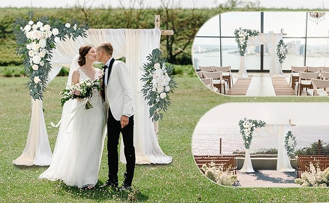 Ting's time Artificial Wedding Arch Flowers Kit(Pack of 4) 2pcs Large Artificial Flower Swags with 2pcs Draping Fabric for Wedding Party Ceremony Decoration(White)