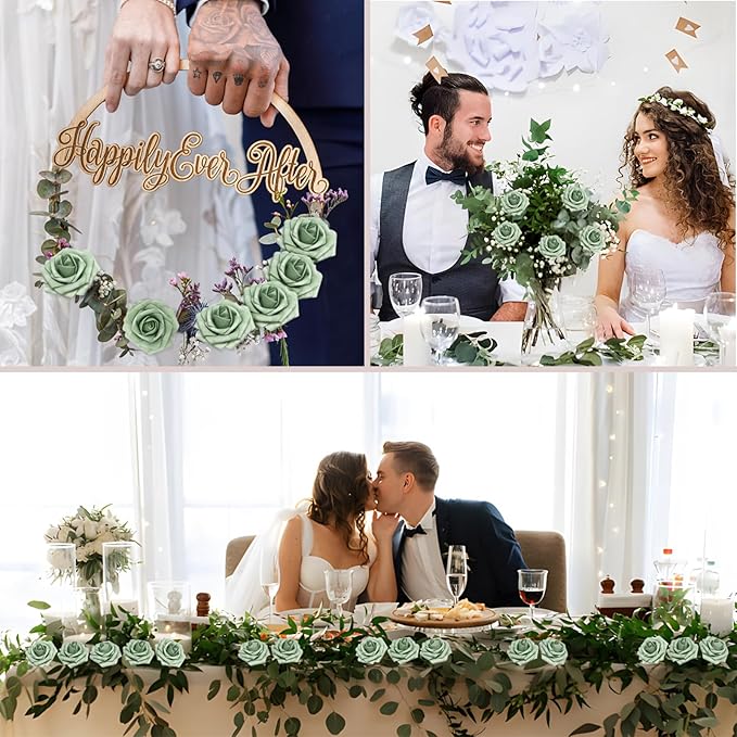 200PCS Elf Green Artificial Flowers Roses Real Looking Foam Fake Roses with Leaves for DIY Wedding Bouquets Bridal Shower Party Decorations (Elf Green, 200)