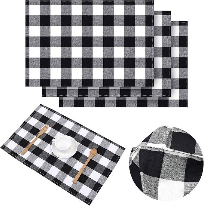 Aneco 4 Pack Buffalo Plaid Placemats Checkered Place Mats Double Layer Placemats 13 x 19 Inches Decorative Kitchen Cotton Table Placemats, Black and White