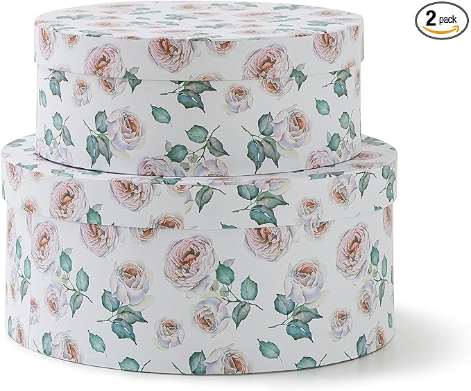Soul & Lane Oblong Decorative Cardboard Storage Boxes with Lids, Set of 2 Floral Keepsake Boxes for Women, Oval Nesting Storage for Gifts, Home Decor, Organizing, Garden Roses