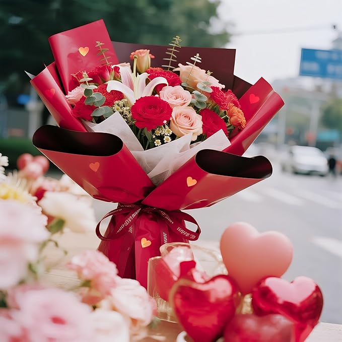 LeZakaa 20 Sheets Flower Wrapping Paper, Red with Gold Heart Design Waterproof Floral Bouquet Paper for Valentine's Day, Wedding, Anniversary Romantic Gift Packaging
