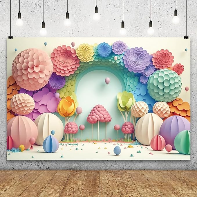 YongFoto Paper Flowers Backdrop 15x10ft Colorful Cut Paper Floral Blossom Rainbow Arch Hot Air Balloon Honeycomb Ball Photography Background Lovely Party Banner Home Decor Photo Studio Booth Props