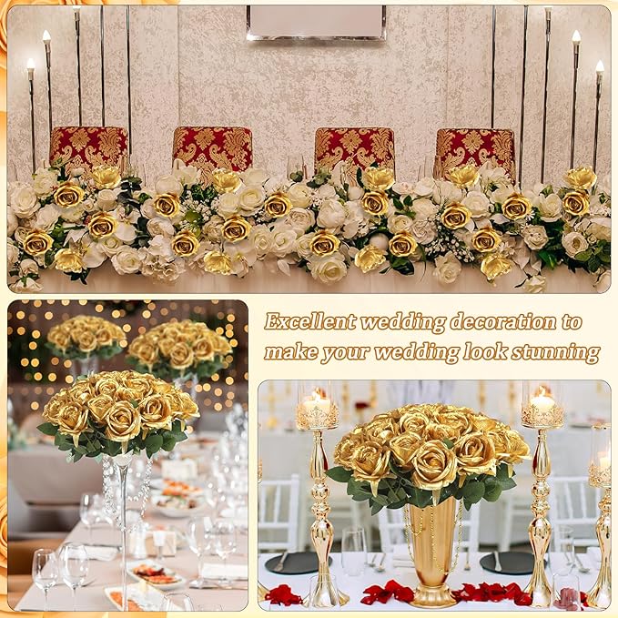 30pcs Fake Roses Artificial Silk Flowers Long Stems Bouquet for Wedding Bridal Shower Party Home Decoration (Gold)