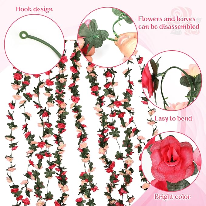 8 Pcs 65.6FT Flower Garland,Rose Garland,PinkFlower Vines for Decoration, Wedding, Garden, Wall Decoration,Backdrop,Bedroom,Birthday Party
