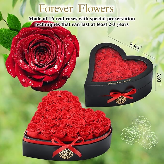 27 Preserved Roses in Heart Shaped Box - Forever Flowers Romantic Gifts for Her, Valentine’s Day, Anniversary, Wedding (Red)