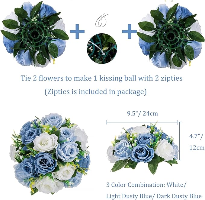 BLOSMON Flower Ball Centerpieces for Table 10 Pcs Fake Rose Centerpiece Flowers Dusty Blue Artificial Silk Floral Arrangement Center Piece Kissing Bouquet for Wedding Party Home Decor
