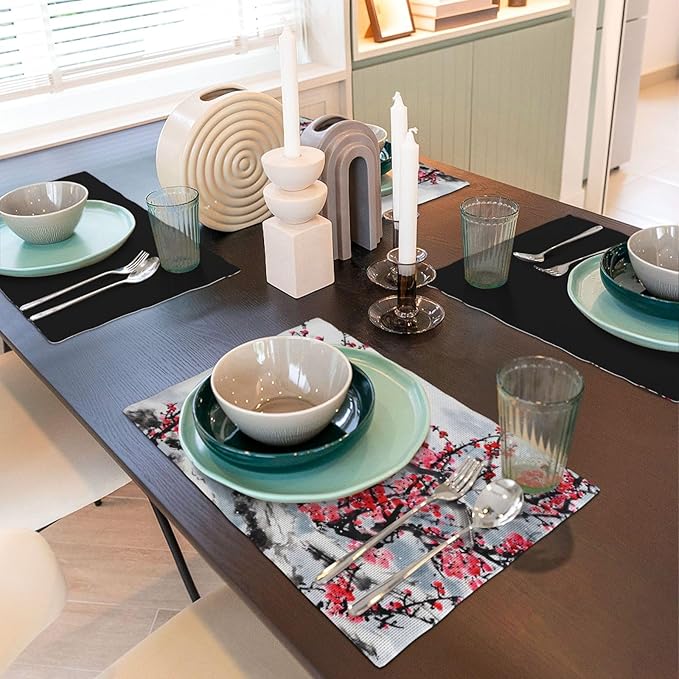 Ink Painting Cherry Blossoms Placemats Set of 4,Vintage Chinese Art Ink Painting Flower Linen Placemats Decoration for Family Dinners, Party, Holidays, Gathering 6 PCS