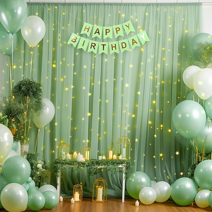 30x8ft Olive Green Tulle Backdrop Curtain with Lights String for Parites, Sheer Backdrop Curtains for Wedding Baby Shower Birthday Party Photo Shoot Decorations