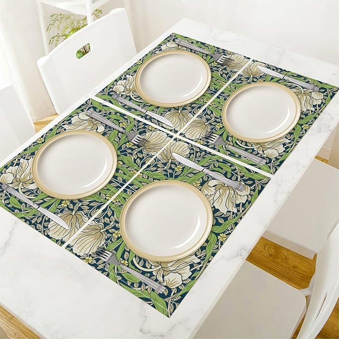 William Morris Flower Placemats Set of 4, Retro Boho Botanical Plant Place Mats, Heat Resistant Non Slip Cotton Linen Dining Table Mats for Home Kitchen Party 18x12 Inch