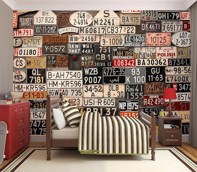 Eierme-Old License Plates from Around The World Mural Wallpaper Peel and Stick 137" x 102"