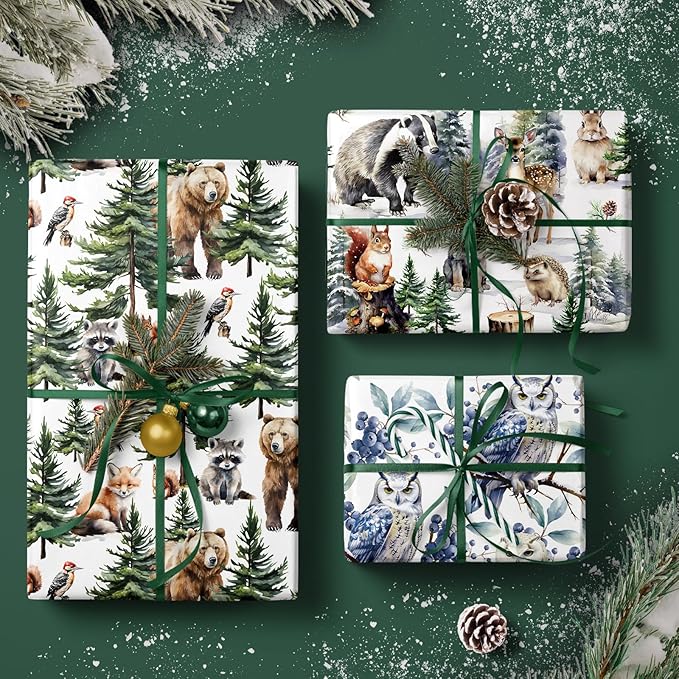 WRAPAHOLIC Kraft Christmas Wrapping Paper Roll - Mini Roll - 3 Rolls - 17 Inch x 120 Inch Per Roll - White Wild Animals Winterfall Watercolor Holiday Collection