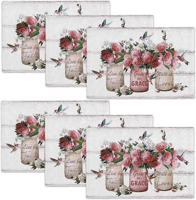 Rose Flower Placemats Set of 6 Farmhouse Peony Floral Table Mats Washable Place mats for Home Party Indoor Kitchen Dining Table Decoration 12x18 Inch