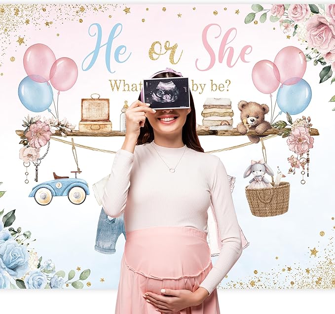 Riyidecor Gender Reveal Backdrop Polyester Fabric He or She Pink Blue Baby Shower Watercolor Flower Balloon Floral 8Wx6H Feet What Will Baby Be Photography Background Newborn Photo Studio Shoot