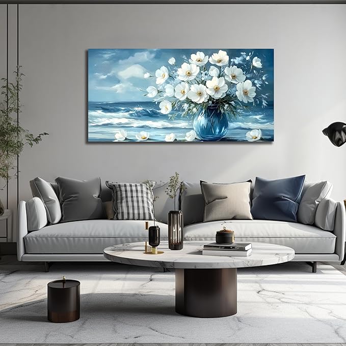 Flower Wall Art for Living Room, Ocean Canvas Wall-Decor for Bedroom, Blue and White Picture Print Artwork for Office, Size 48 x 24 Inches