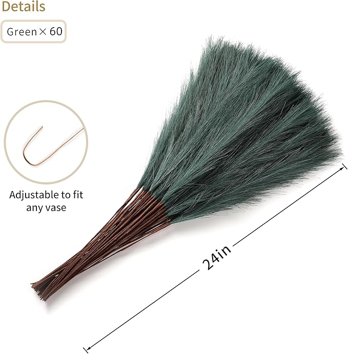 60pcs Green Pampas Grass - 24 Inch Artificial Pampas Grass Decor Tall, Fake Pompas Grass for Vase Filler, Table Centerpieces, Wedding, Party and Green Home Decor
