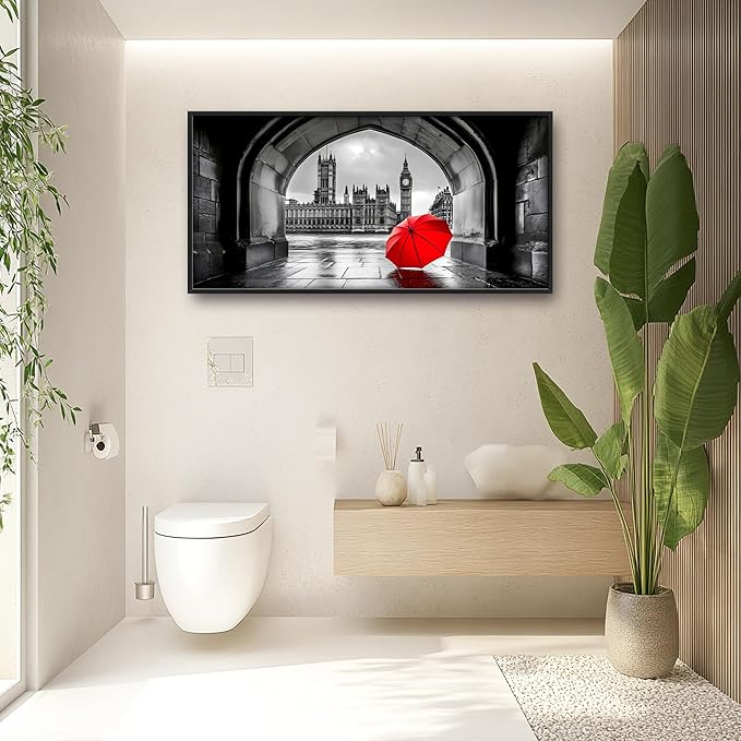London City Large Wall Art Black and White Framed Red Wall Decor for Living Room, Big Ben Pictures Oversized Canvas Print Painting Modern Extra Large Framed Artwork for Bedroom Office 60"x30"