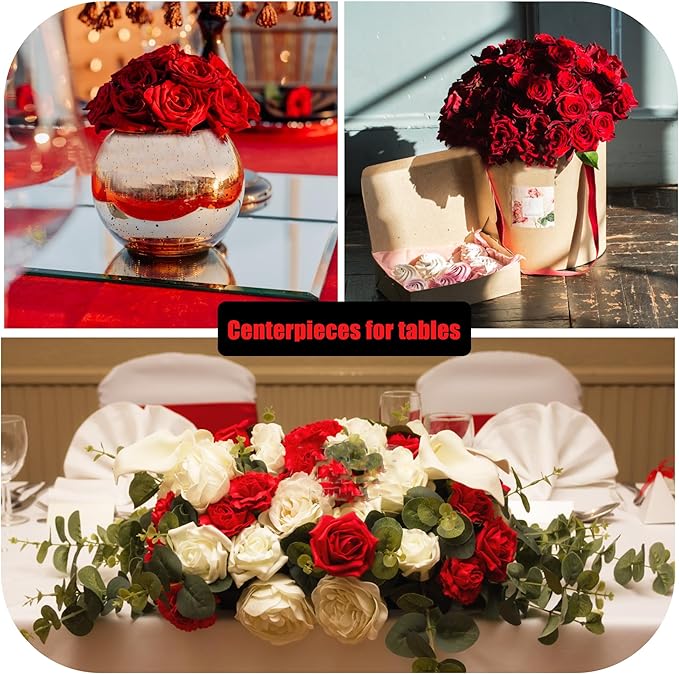 Red Roses Artificial Flowers Bulk, 32Pcs Fake Roses Artificial Velvet Roses with Stems, DIY Silk Flowers Roses Bouquet, Realistic Faux Artificial Roses for Mother's Day Home Table Decor
