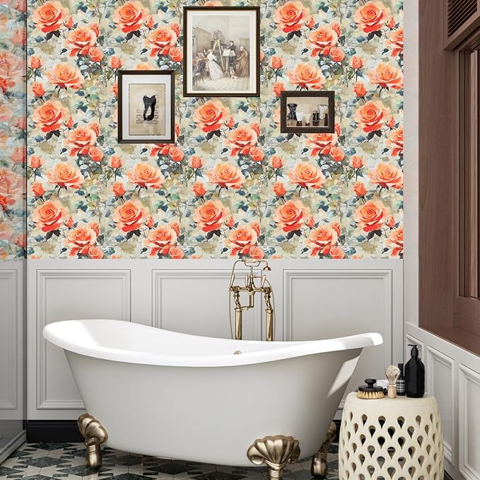 Bright Watercolor Floral Wallpaper Vibrant Flower Wall Paper Stick and Peel Colorful Orange Contact Paper for Bedroom Bedroom Cabinet Removable Renter Friendly 17.5 x 118In