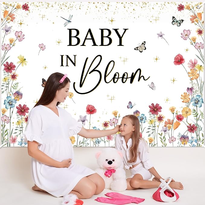 Avezano Wildflower Baby in Bloom Backdrop Banner Wildflower Baby Shower Party Decorations for Girls Gold Glitter Butterfly Spring Floral Newborn Party Supplies (7x5ft)