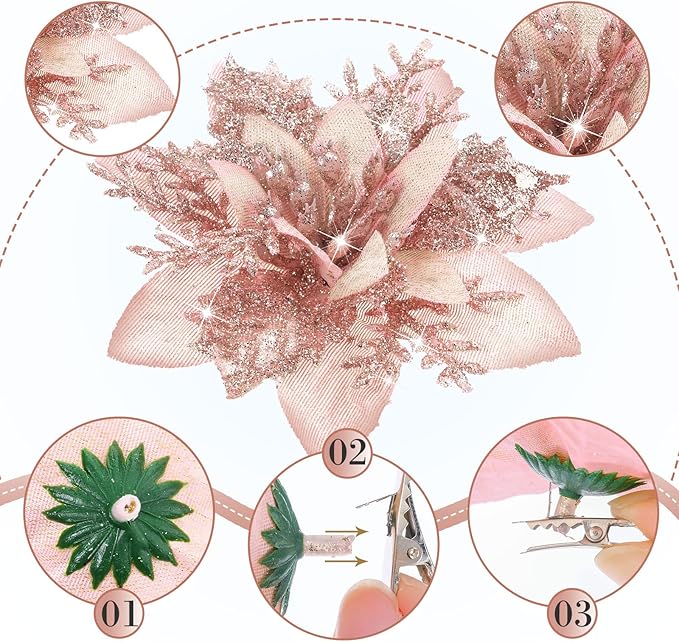 Geosar 36 Pcs Christmas Glitter Artificial Poinsettia Flowers Xmas Poinsettia Artificial Wedding Flowers Decorations Xmas Tree Ornaments with Clips for Party, 6 Inch, 4 Inch, 3 Inch(Rose Gold)