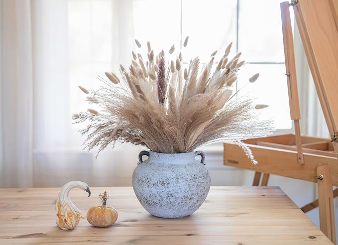 Hand Glazed Rustic White Two-Ear Ceramic Vase, Textured Pottery Vase with Two Ears for Centerpieces, Kitchen, Living Room, Bedroom Decor Gifts (Rustic White, Short)