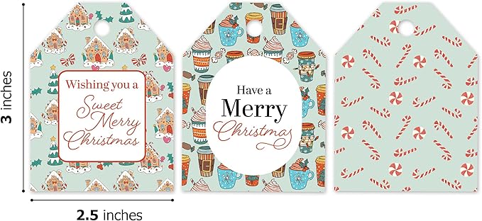 Pro Supply Global 24 Count of 2.5 Inch x 3 Inch Pre Strung Christmas Treats Gift Tag Assorted Printed Designs on Large Cardstock Gift Hang Tags - Ideal to Use on Bags