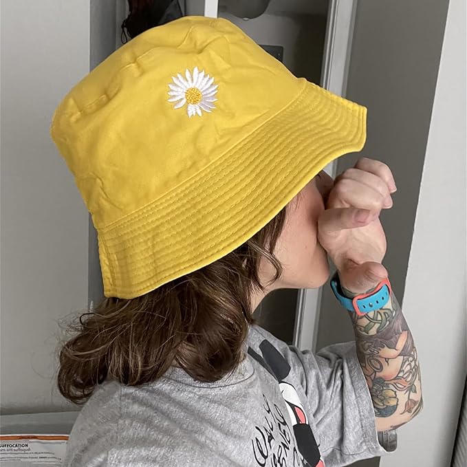 Flower Reversible Bucket Hat Cotton Summer Travel Beach Sun Hats Emboridery for Women Men
