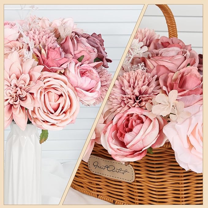 Artificial Flowers Combo Dusty Pink Roses with Stems Bouquets Bridal Wedding Shower Decorations Fake Floral for Party Table Centerpieces Home Decor