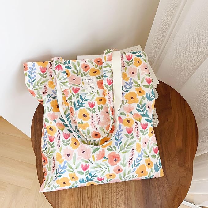 Cotton Canvas Tote Bag Reusable Soft Grocery Cloth Bag Floral Shoulder Bag for Beach Travel Shopping