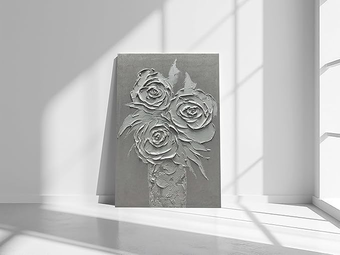 moshinart 24 x 36in Hand-Painted Oil Painting 3D Texture Black White Grey Modern Minimalist Black Abstract Wall Art, Home Office Wall Decoration White Rose