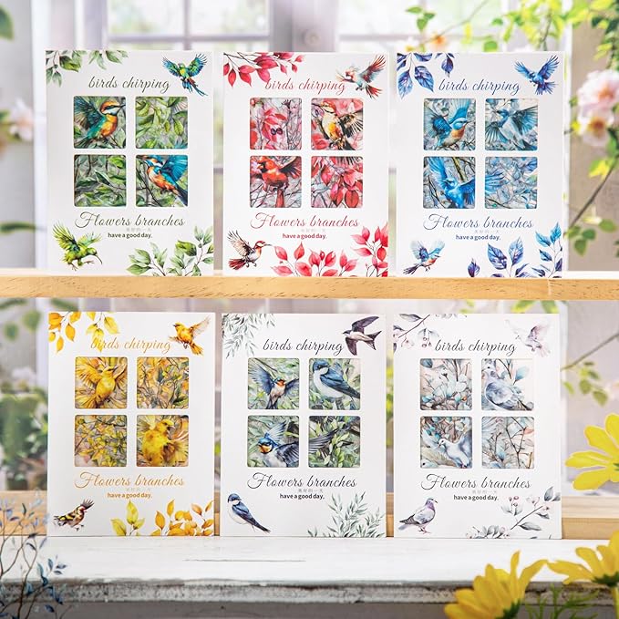 TIAMECH Flowers Birds Sing PET Stickers - 120 Pcs Feather Blossom Branch & Sparrow Pigeon Song Design, Waterproof Sticker for Journaling & Scrapbooking, Junk Journal Supplies, Ephemera & DIY Crafts