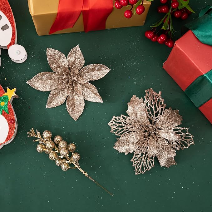 24Pcs Champagne Glitter Poinsettia Christmas Tree Ornaments and Glitter Berries Stems, 16Pcs Christmas Artificial Flowers and 8 Pack Christmas Tree Picks for Wedding Holiday Decorations