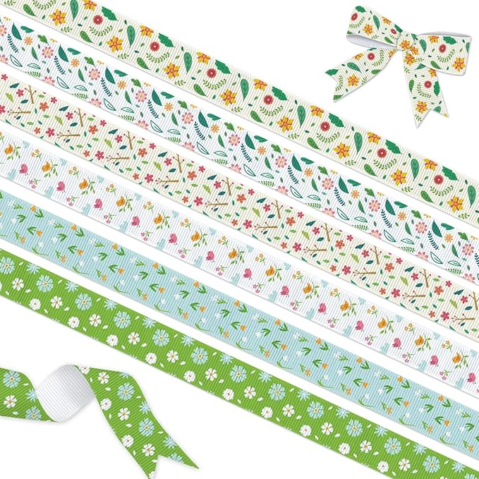YKW Spring Grosgrain Ribbon, 6 Pack (5/8 Inch x 3 Yards Each), Floral Bird Ribbon, Garden Theme Craft Ribbons for Gift Wrapping Wedding Party Home Decoration DIY Projects