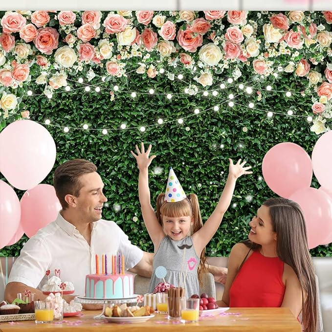 Sensfun Flower Wall Backdrop Spring Pink Rose Blossom Green Leaves Photography Background Floral Grass Birthday Baby Shower Miss to Mrs Wedding Bridal Shower Backdrops Portrait Photo Booth Props 8x6ft