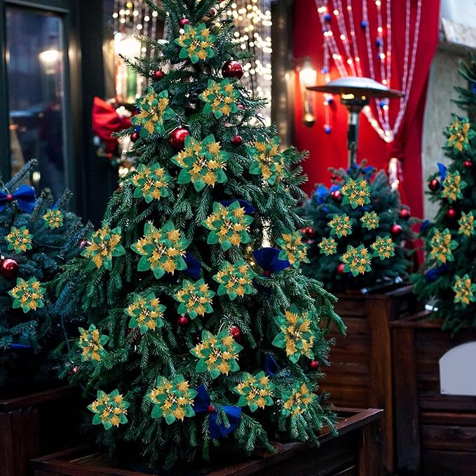 Geosar 24 Christmas Glitter Artificial Poinsettia Flowers Xmas Poinsettia Artificial Wedding Flowers Decorations Xmas Tree Ornaments with Clips for Party Favors, 6 Inch, 4 Inch, 3 Inch (Green, Gold)