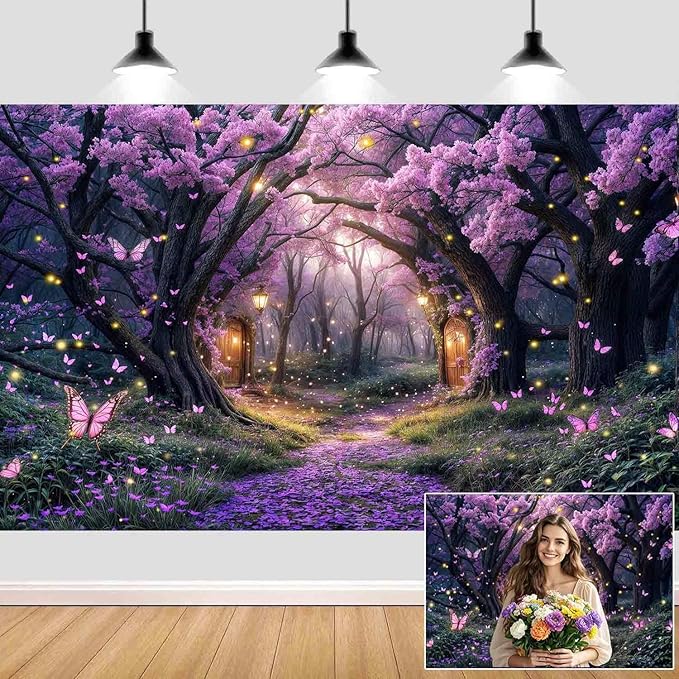 20X10ft Enchanted Forest Backdrop Fairy Tale Purple Wonderland Garden Tree House Floral Butterfly Photography Background for Kids Girl Baby Shower Birthday Party Decoration Banner Booth Props