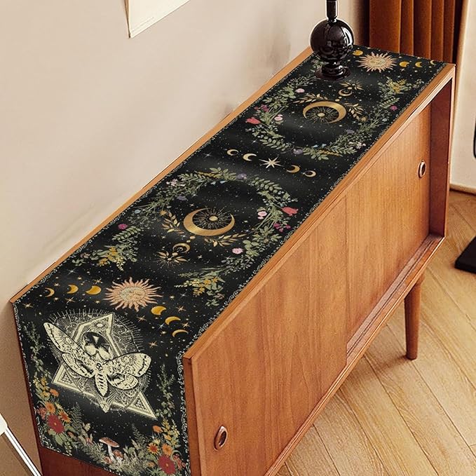 Gothic Moth Table Runner, Boho Gothic Sun Moon Phase Wildflower Mystical Witchy Farmhouse Coffee Table Center Decor for Home Kitchen Dining Patio Holiday Party Table Decorations 13x36 inches