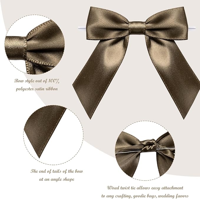 WRAPAHOLIC 30 Pcs 3" Brown Satin Ribbon Bows with Twist Tie - Pretied Premade Craft Bows for Christmas Party Crafts Treat Bags Gift Wrapping Wedding Birthday Baby Shower
