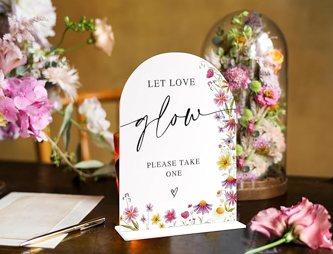 Wedding Glow Sticks Please Take One Sign, Wild Flower Arch Acrylic Wedding Signs for Reception, Love Is In Bloom Bridal Shower Floral Engagement Party Decorations, 6x8 Inch