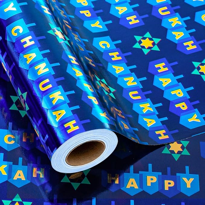 MAYPLUSS Reversible Wrapping Paper - Mini Roll - 17in * 32.8 Feet- Happy Hanukkah Lettering with Glitter Metallic Foil (47.3 sq.ft.ttl) for Chanukkah,Christmas