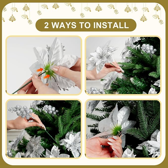 50pcs Glitter Poinsettia Christmas Ornaments, Artificial Flowers with Clips Stems for DIY Wreath Making, Holiday Home Party Decorations, Indoor Use (Sliver)