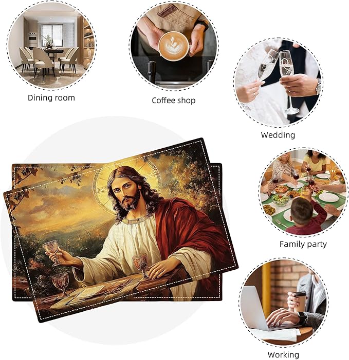 Christian Jesus Placemats Set of 4 Christian Gift Religious Jesus Christ Faith Place Mat Machine Washable Place Mats for Dinner Table Mats 4 PCS