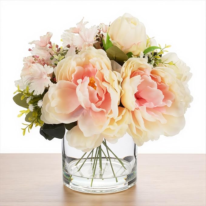 ENOVA FLORAL Artificial Silk Flower Arrangement with Vase,Mixed Artificial Silk Peony Flower in Vase for Decoration Home Office, Wedding Centerpiece (Peach)