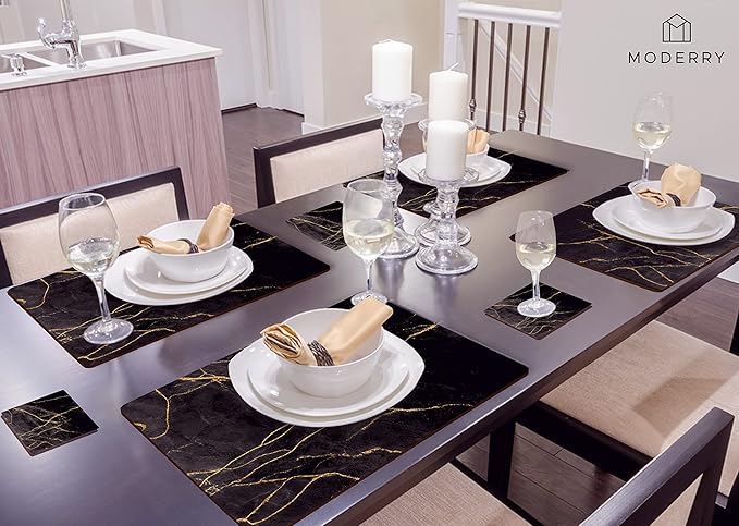Set of 4 Heat Resistant Cork Placemats for Dining Table with Free Set of 4 Matching Drink Coasters Marble Design 16 x 12 Inches Cork Backed Hard Placemats (Black & Gold)