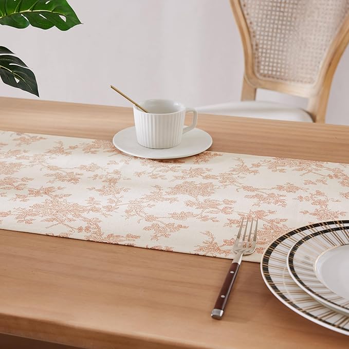 100% Cotton French Pastoral Table Runners, 13x108 Inch Taupe Farmhouse Table Runners 108 Inches Long, Vintage Flowers Print Home Decors